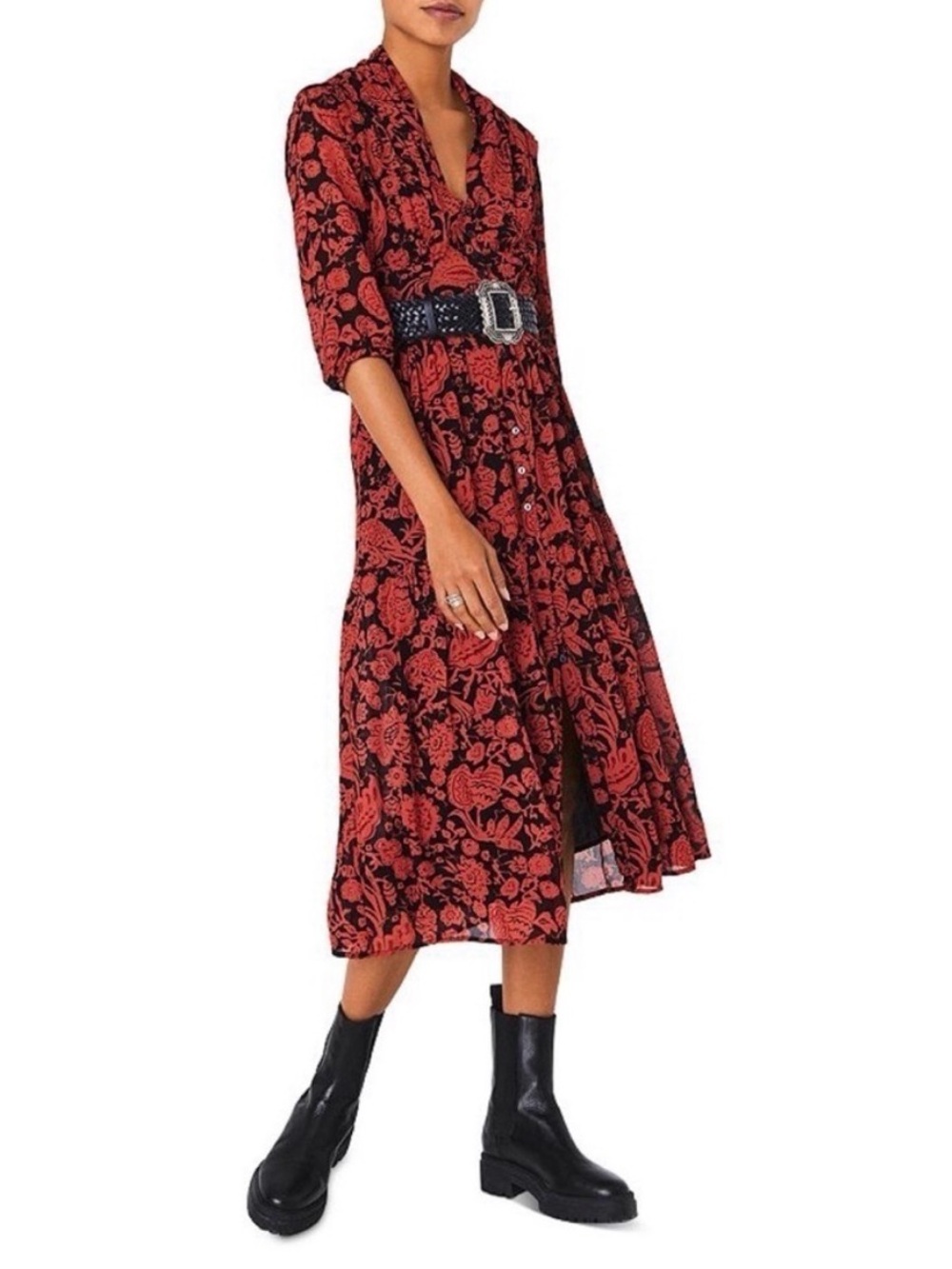 ba&sh “Aline in Brique” Floral Button-Down Midi Dress in Rust and Black